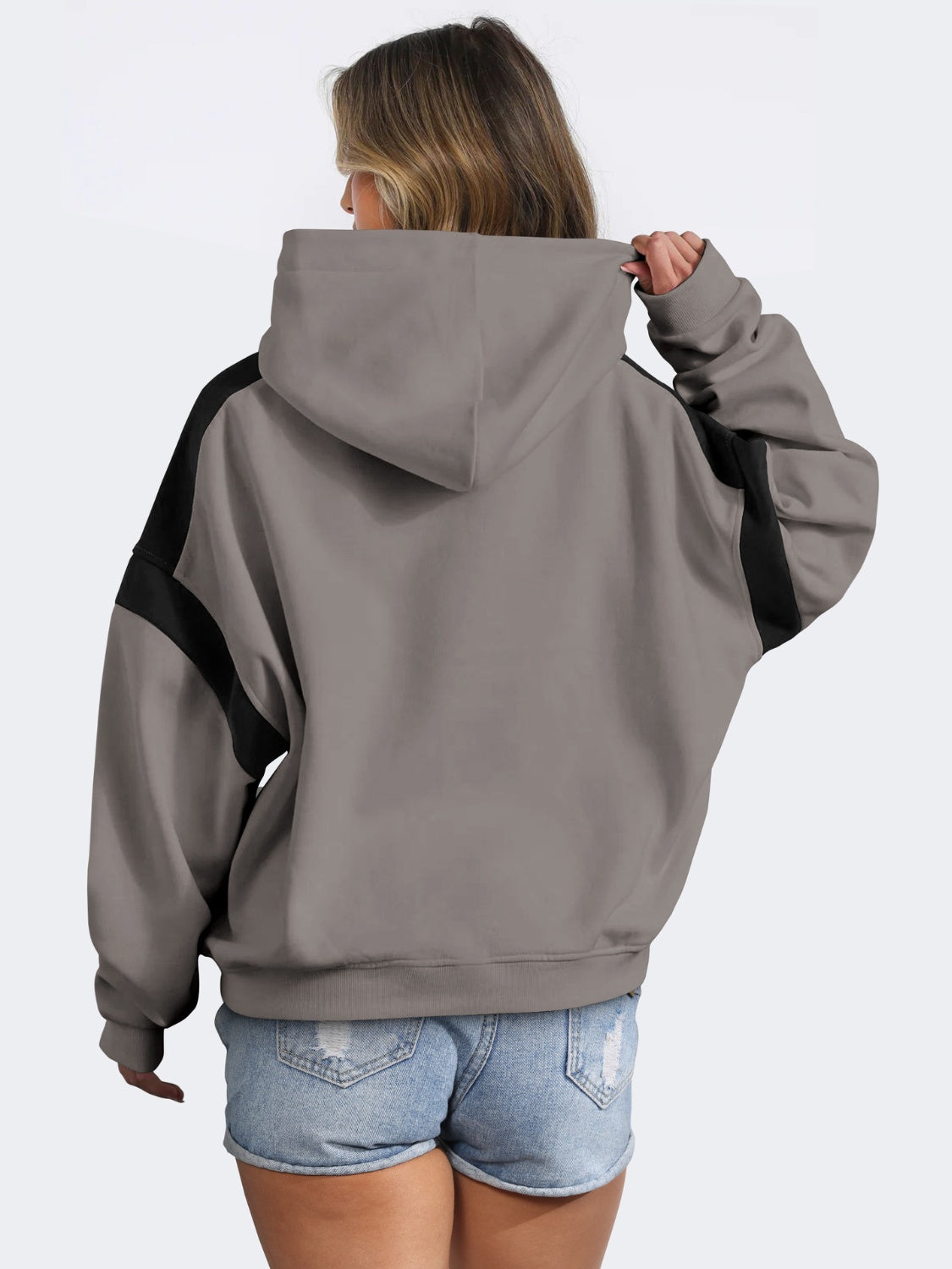 Ladies Contrast Dropped Shoulder Long Sleeve Hoodie Pullover