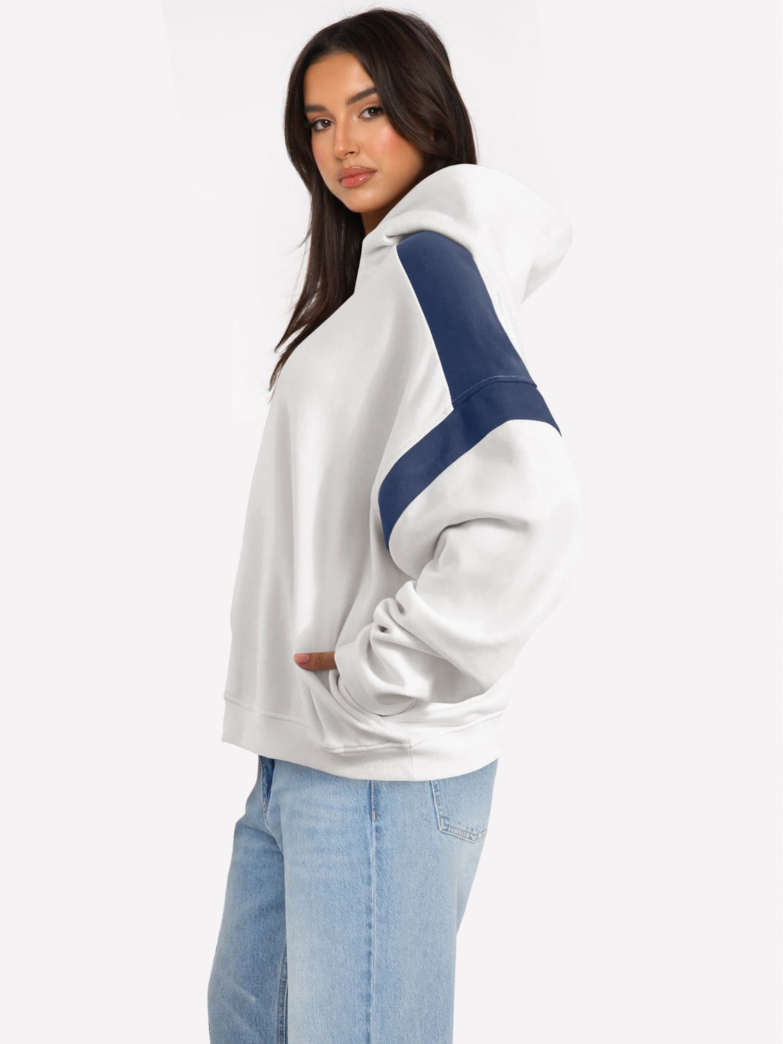 Ladies Contrast Dropped Shoulder Long Sleeve Hoodie Pullover