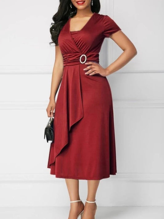 Ladies Short Sleeve V Neck Asymmetric Elegant Dresses