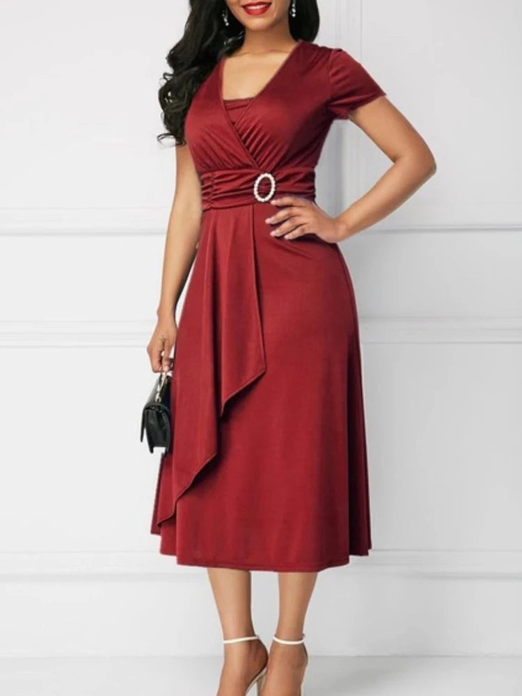 Ladies Short Sleeve V Neck Asymmetric Elegant Dresses