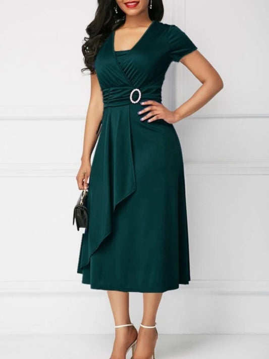 Ladies Short Sleeve V Neck Asymmetric Elegant Dresses