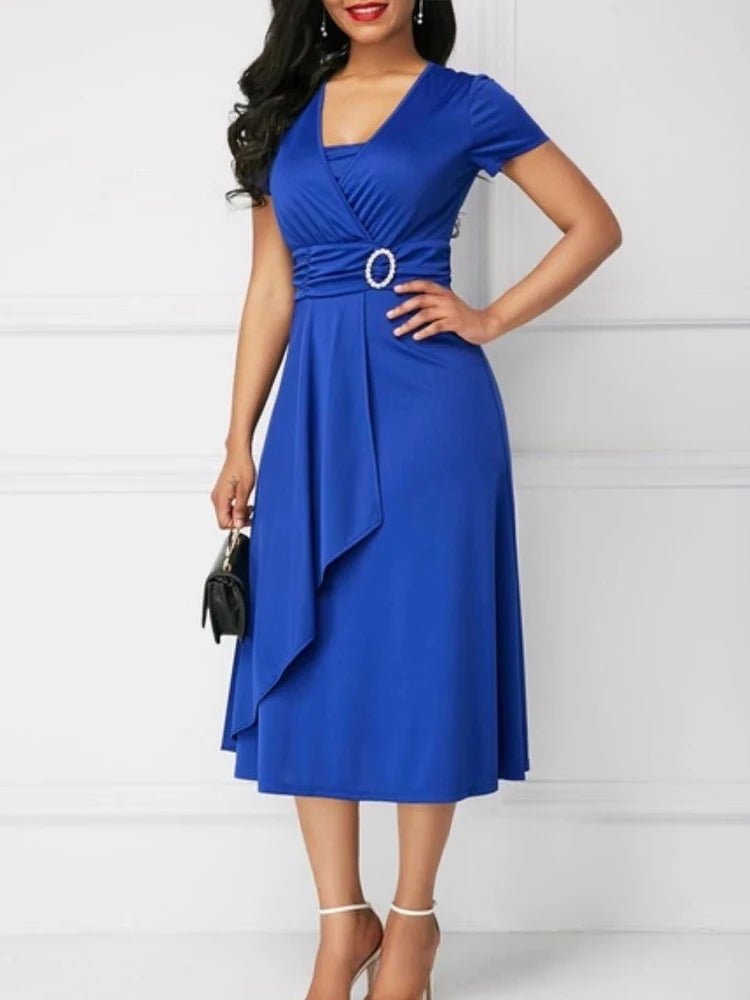 Ladies Short Sleeve V Neck Asymmetric Elegant Dresses