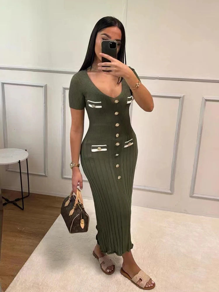 Lady Elegant Knitted Long Dress Summer Short Sleeve Bodycon Dresses