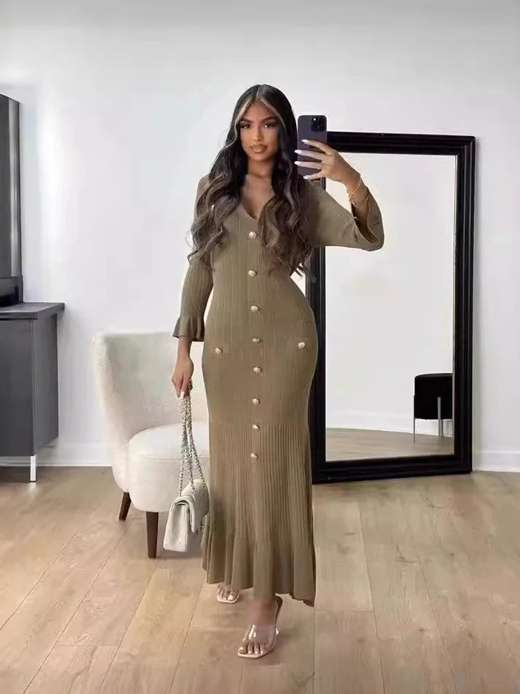Lady Elegant Knitted Long Dress Summer Short Sleeve Bodycon Dresses