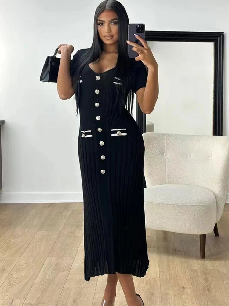 Lady Elegant Knitted Long Dress Summer Short Sleeve Bodycon Dresses