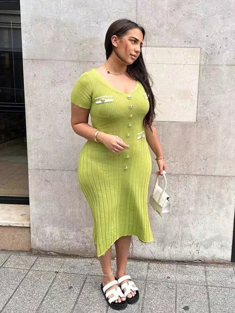Lady Elegant Knitted Long Dress Summer Short Sleeve Bodycon Dresses