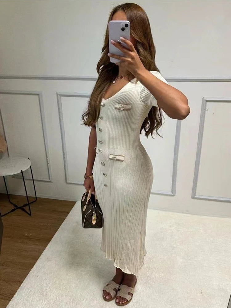 Lady Elegant Knitted Long Dress Summer Short Sleeve Bodycon Dresses