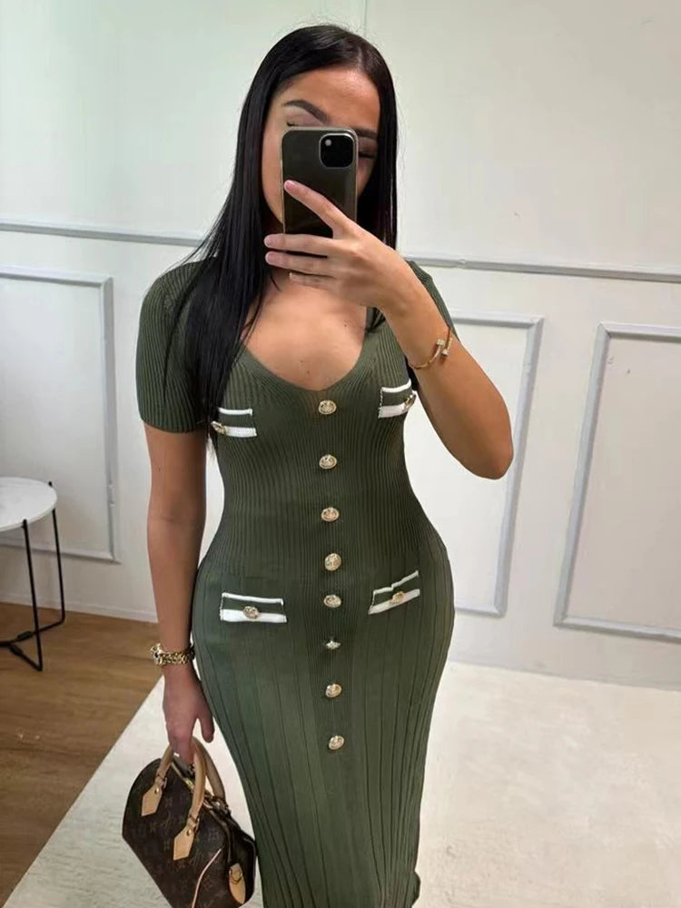 Lady Elegant Knitted Long Dress Summer Short Sleeve Bodycon Dresses