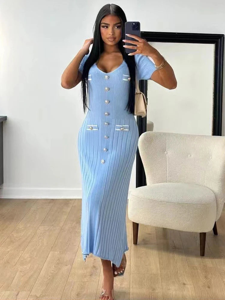 Lady Elegant Knitted Long Dress Summer Short Sleeve Bodycon Dresses