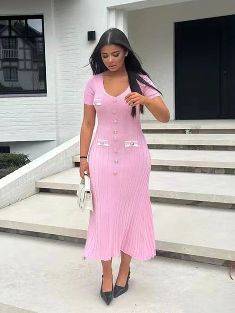 Lady Elegant Knitted Long Dress Summer Short Sleeve Bodycon Dresses
