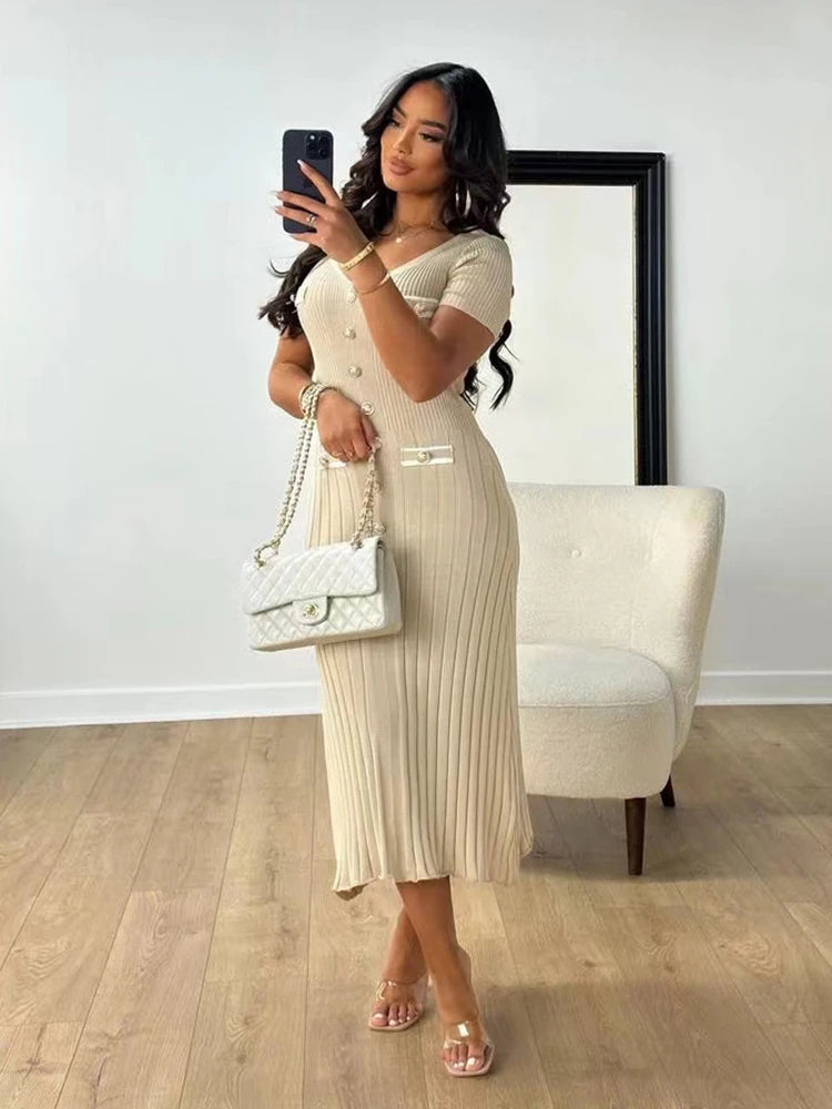 Lady Elegant Knitted Long Dress Summer Short Sleeve Bodycon Dresses