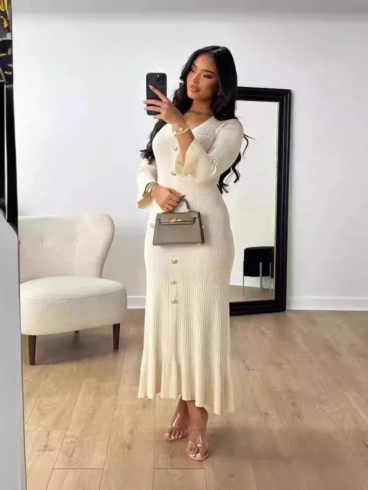 Lady Elegant Knitted Long Dress Summer Short Sleeve Bodycon Dresses