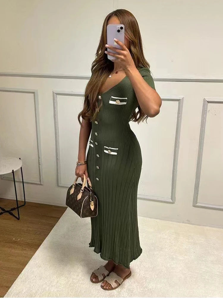 Lady Elegant Knitted Long Dress Summer Short Sleeve Bodycon Dresses