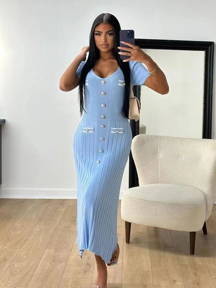 Lady Elegant Knitted Long Dress Summer Short Sleeve Bodycon Dresses
