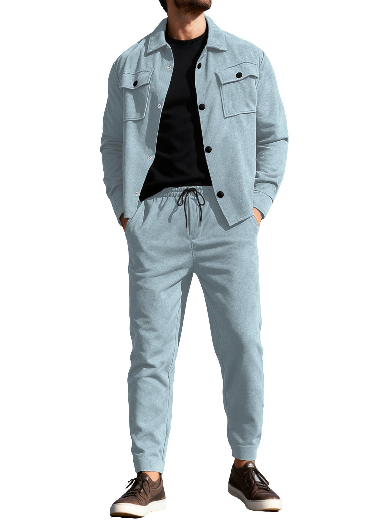 Light blue jacket and jogger pants set worn by a person on a white background