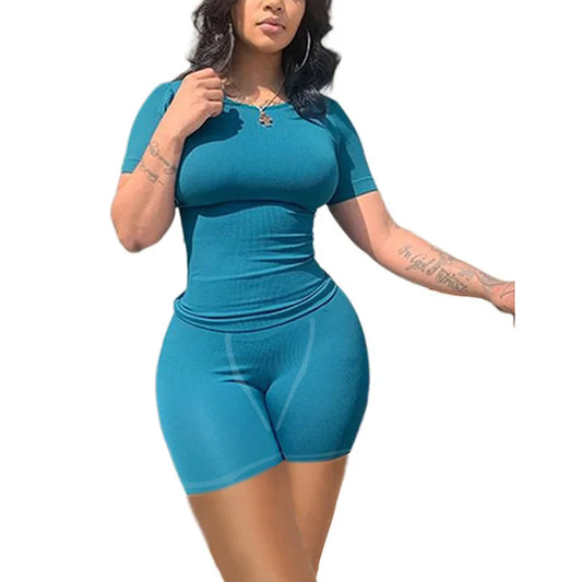 Lounge Wear Ribbed Casual 2 Piece Shorts Elastic Outfits Set For Women