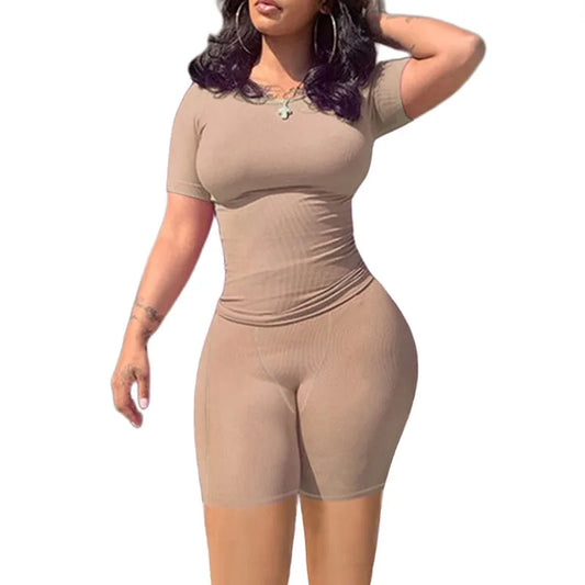 Lounge Wear Ribbed Casual 2 Piece Shorts Elastic Outfits Set For Women