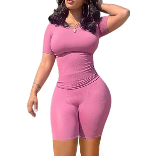 Lounge Wear Ribbed Casual 2 Piece Shorts Elastic Outfits Set For Women