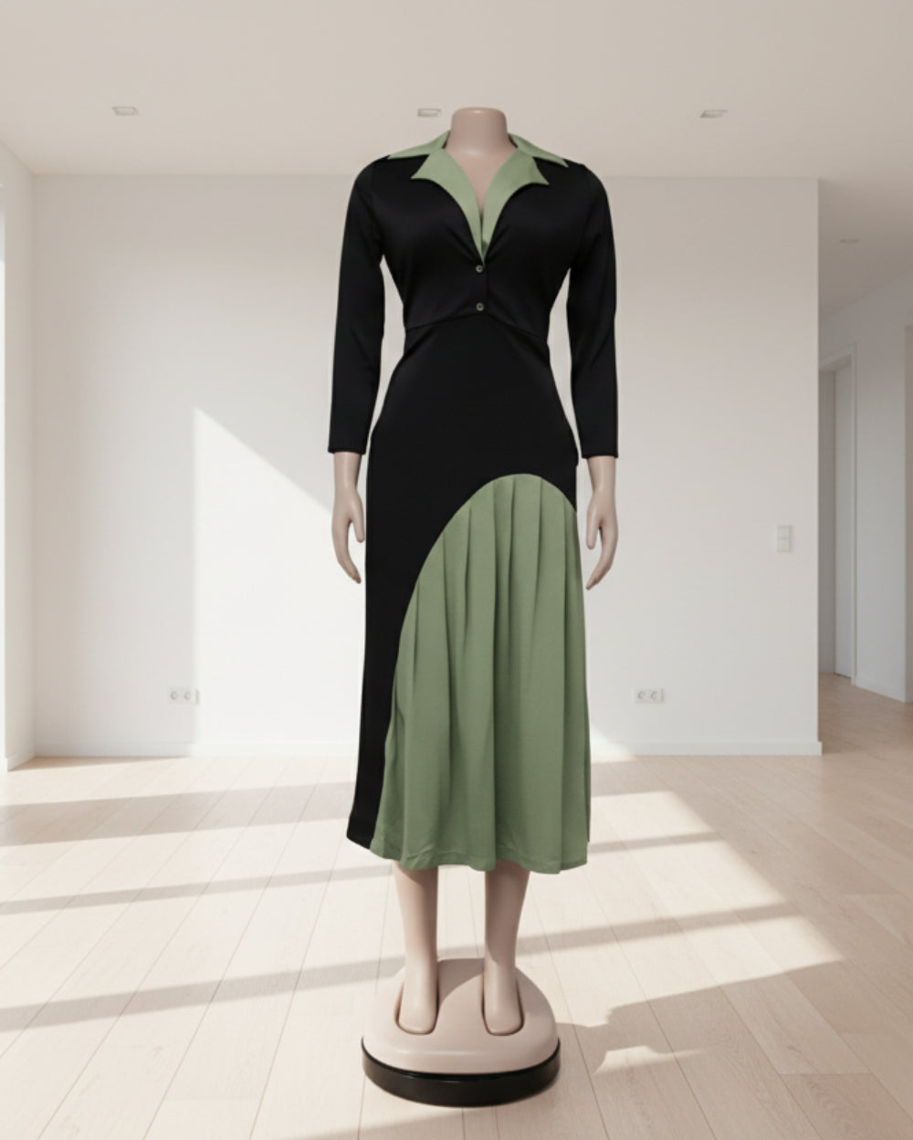 Mannequin wearing a black and green dress