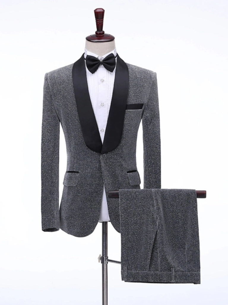 Men Shawl Lapel Collar Bright Silk Stage Blazer Trousers with Bow Tie