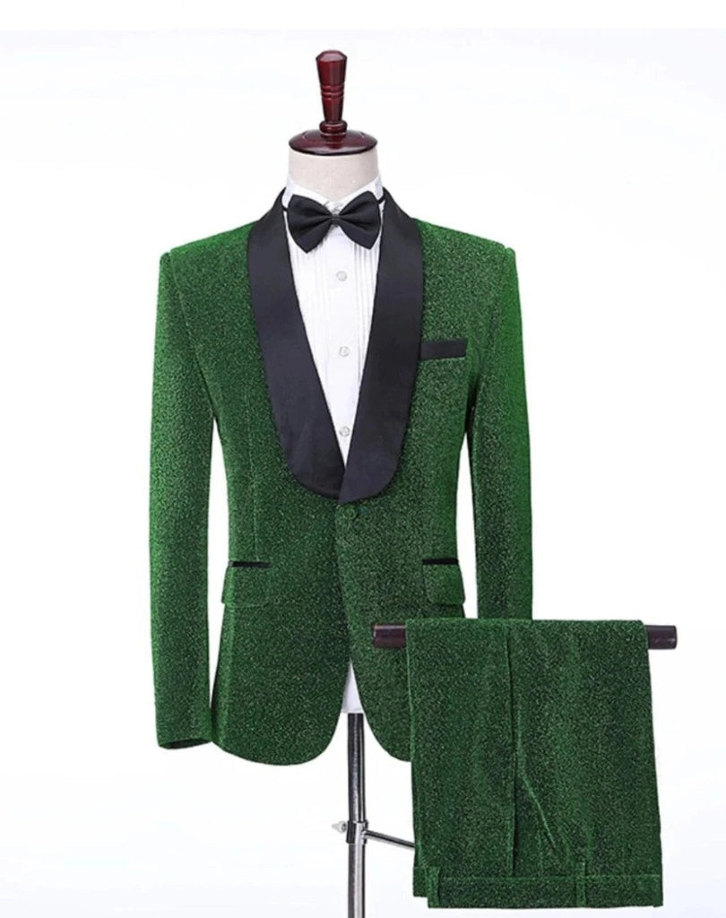 Men Shawl Lapel Collar Bright Silk Stage Blazer Trousers with Bow Tie