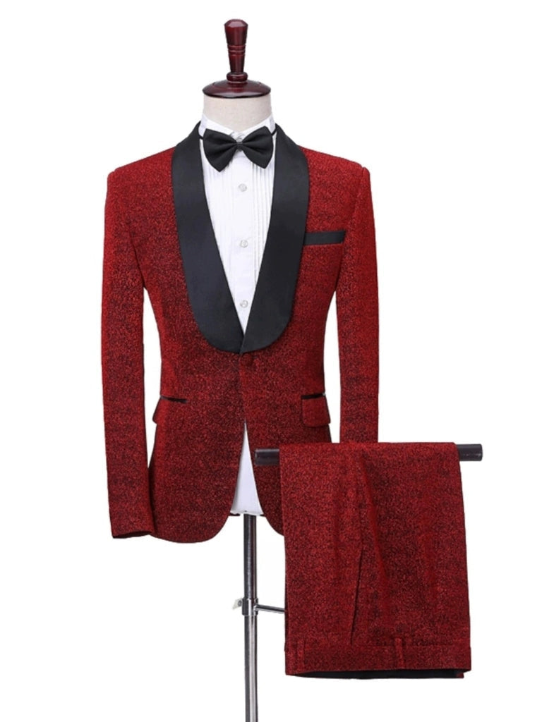 Men Shawl Lapel Collar Bright Silk Stage Blazer Trousers with Bow Tie