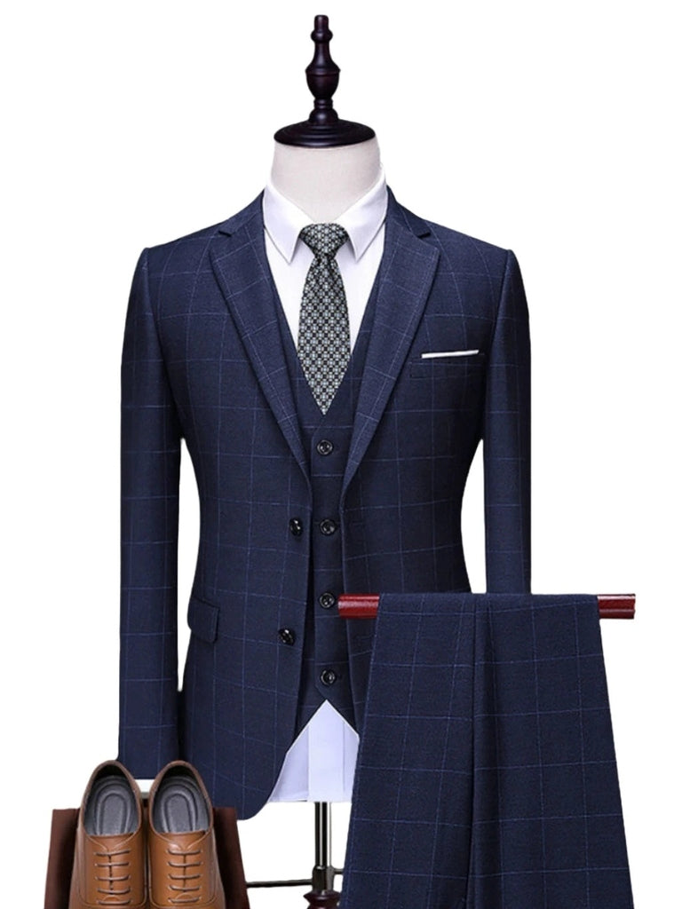 Men's British Style Casual Slim Fit Plaid Suit Blazer Vest Pants