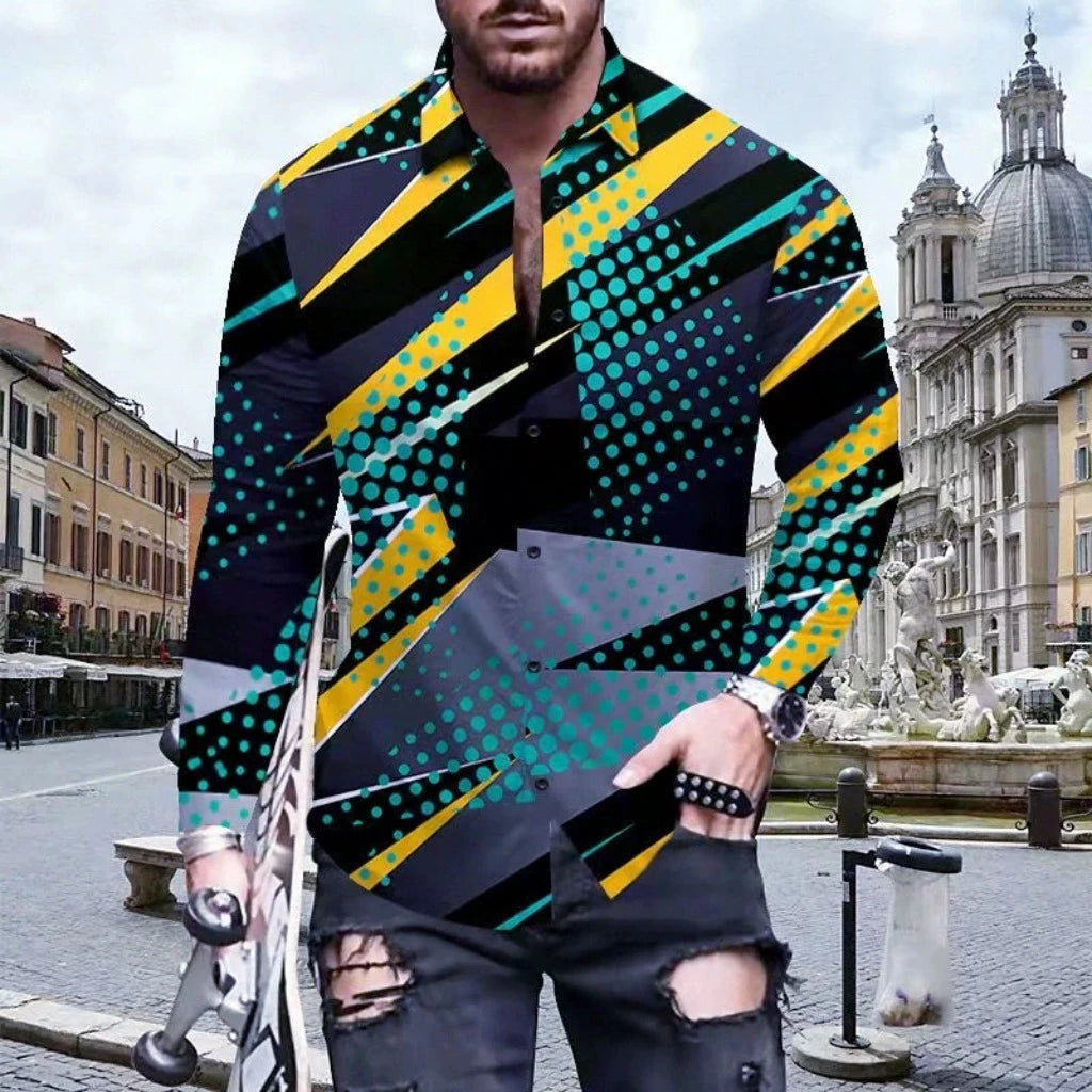 Men's Geometric Print Turn-down Collar Shirt Casual Lapel Manfinity
