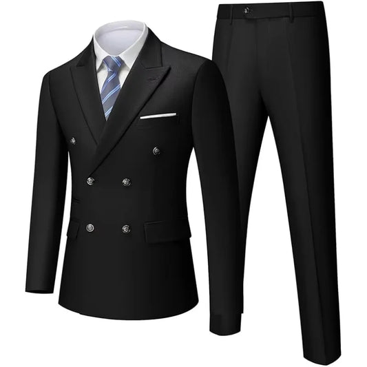 Black double-breasted suit jacket and pants on a white background