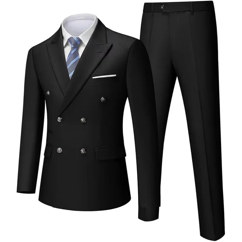 Black double-breasted suit jacket and pants on a white background