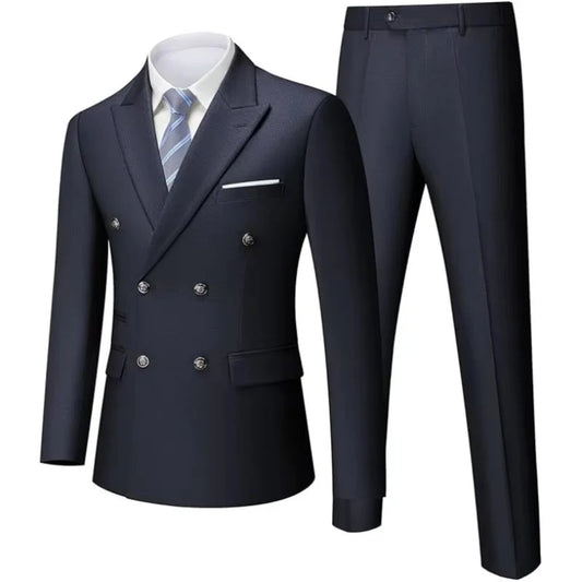 Navy blue suit jacket and pants on a white background