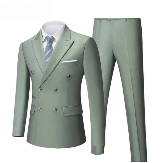 Green suit jacket and pants with a white shirt and striped tie on a white background