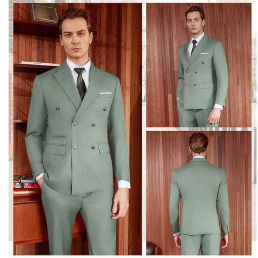Green suit displayed from multiple angles with a wooden background