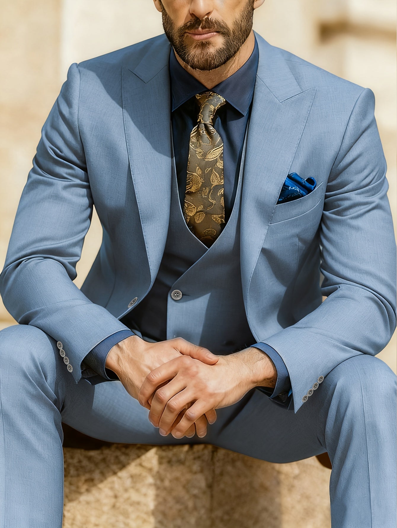 Men's Solid Color Suit - Light Business Elegant Wedding Suit Set - 3pcs