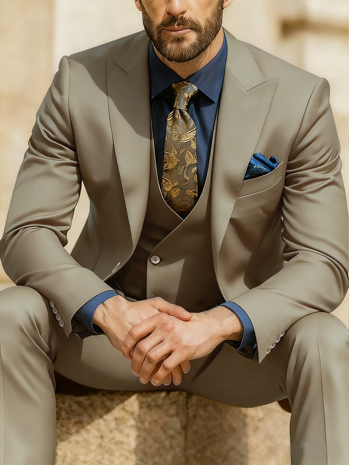 Men's Solid Color Suit - Light Business Elegant Wedding Suit Set - 3pcs