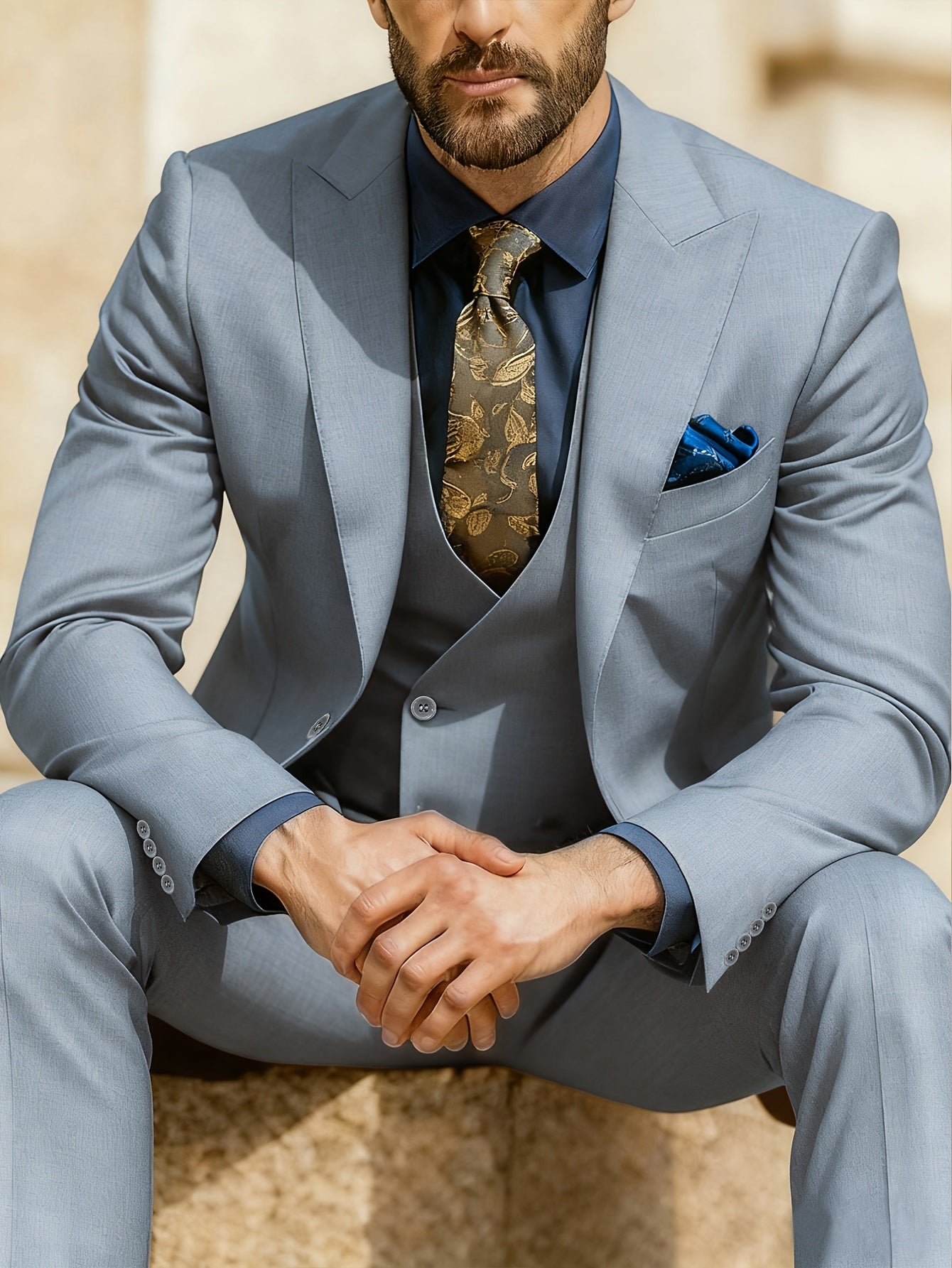 Men's Solid Color Suit - Light Business Elegant Wedding Suit Set - 3pcs