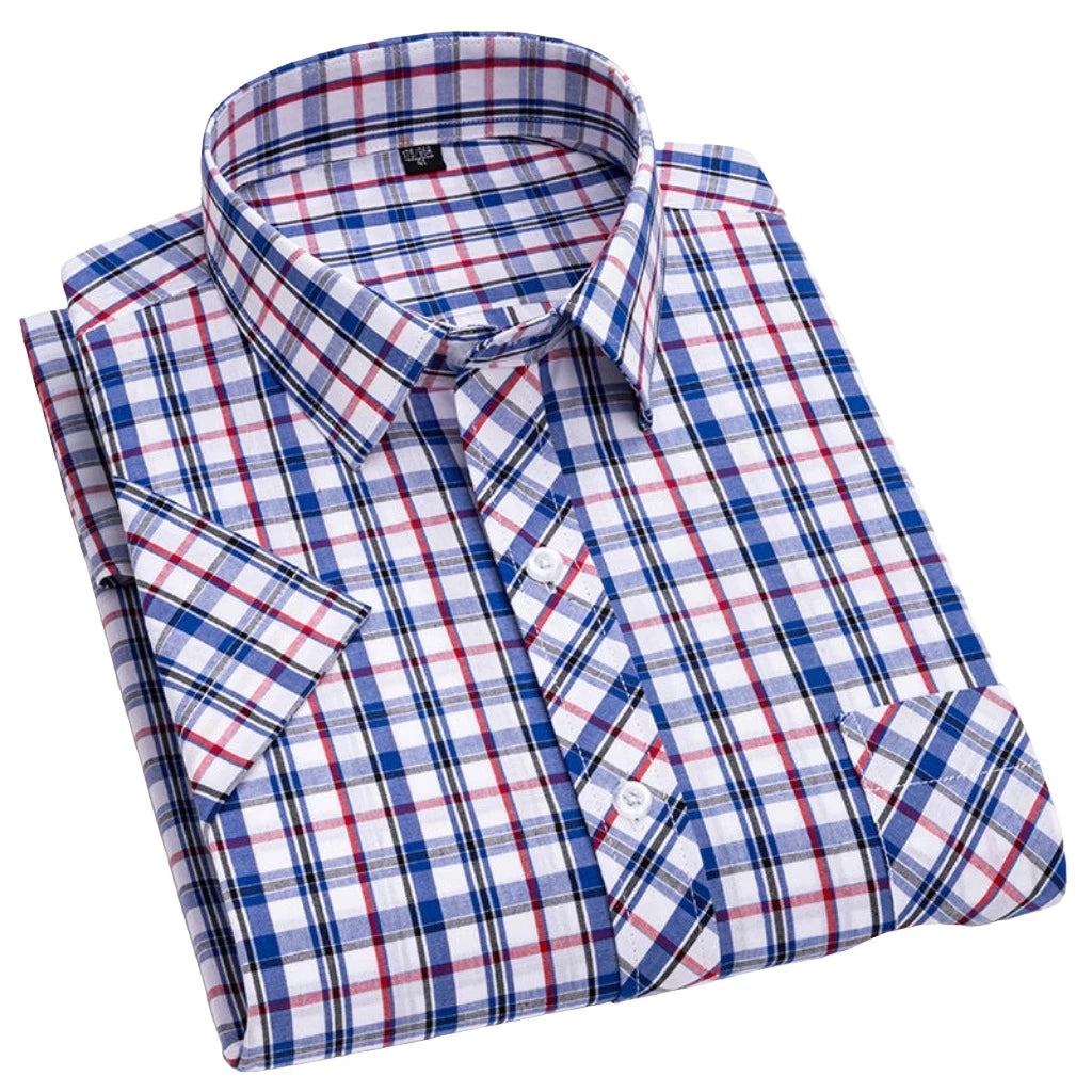 Men Button Up Short Sleeves Casual Cotton Plaid Gingham Dress Shirt