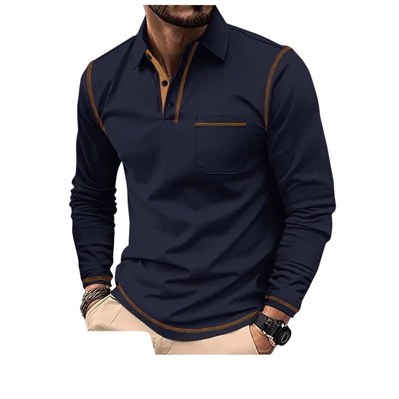 Navy blue long-sleeve shirt with brown accents on a white background