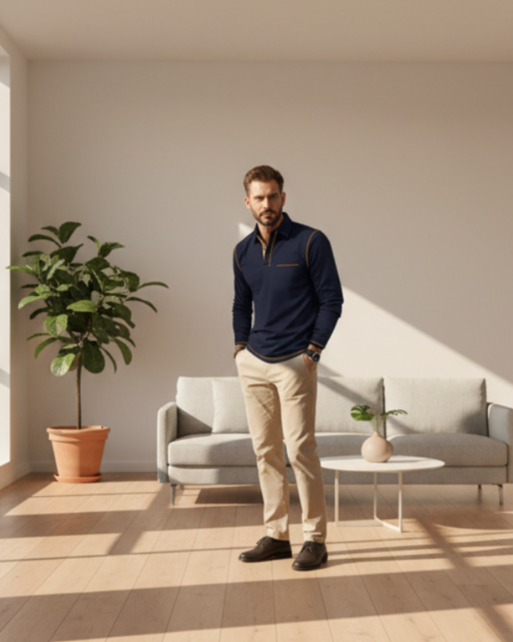 Man standing in a modern living room with large windows and minimal decor.