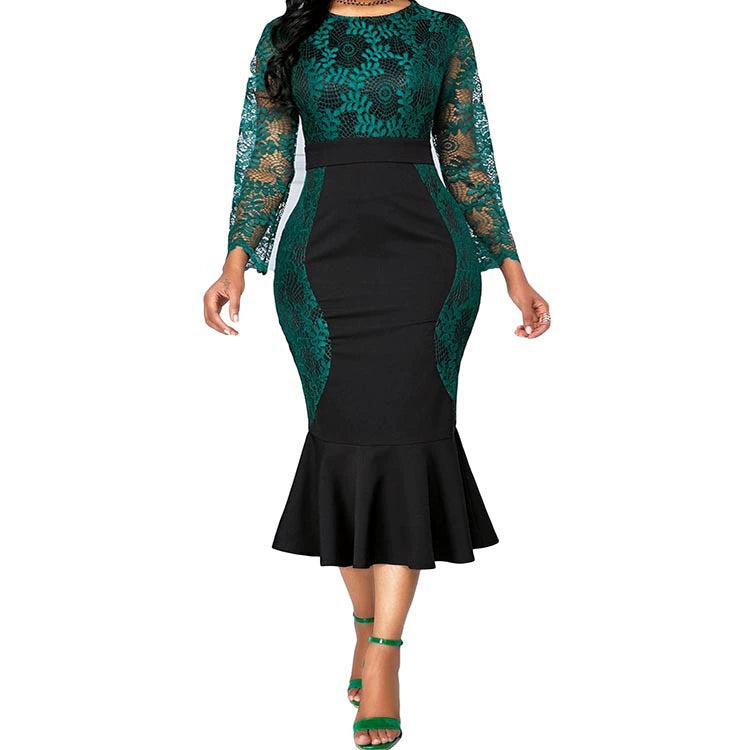 Fashion Fishtail Party Dress Three-Quarter Sleeve Crochet