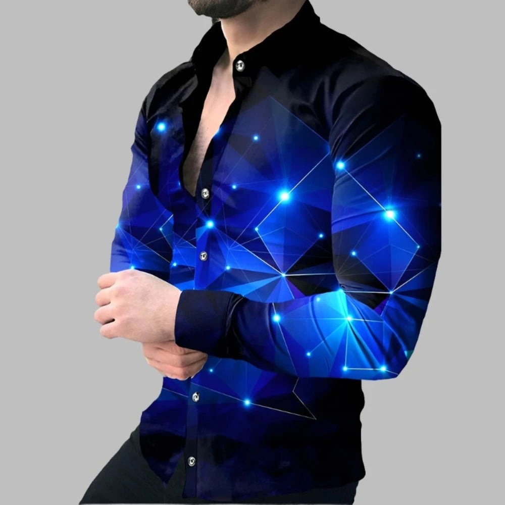 Men Woven Print Long Sleeve Button Down Dress Shirt Turn-Down Collar