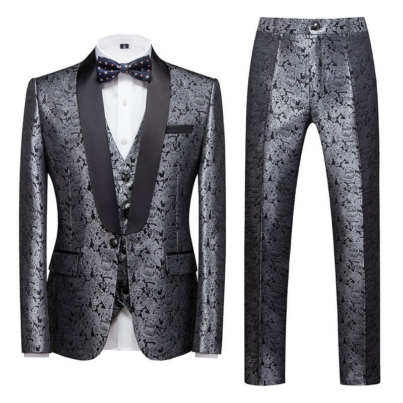 Men's Business Dress Wedding Best Man Jacquard Suit Three-piece Set Cross-border Suit