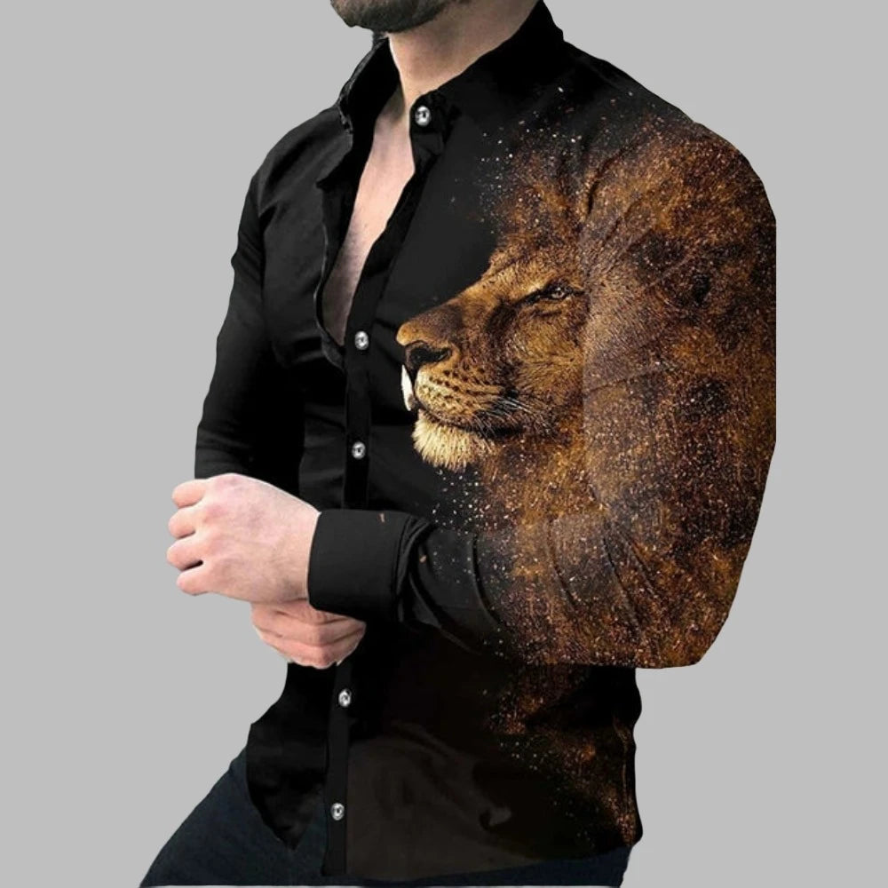 Men Woven Print Long Sleeve Button Down Dress Shirt Turn-Down Collar