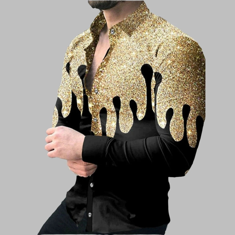 Men Woven Print Long Sleeve Button Down Dress Shirt Turn-Down Collar