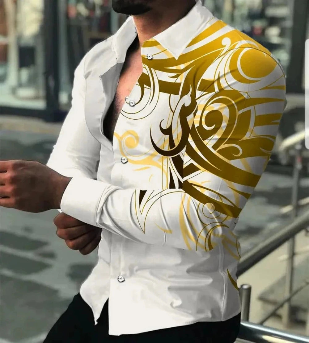 Men Woven Print Long Sleeve Button Down Dress Shirt Turn-Down Collar