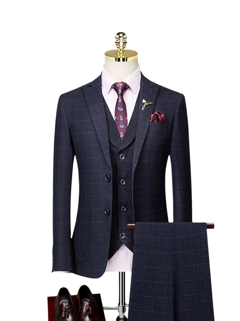 Slim Fit Wedding Casual British Style Gingham Groom Suit for Men