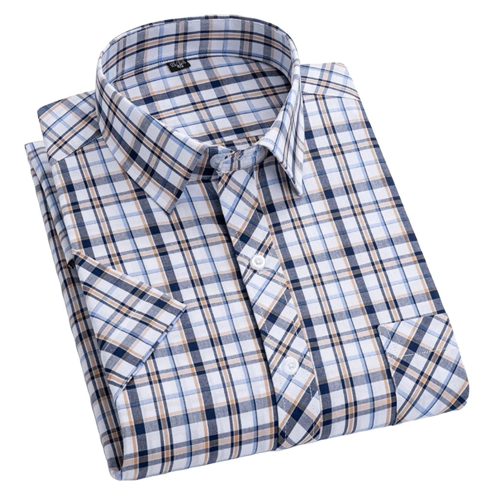 Men Button Up Short Sleeves Casual Cotton Plaid Gingham Dress Shirt