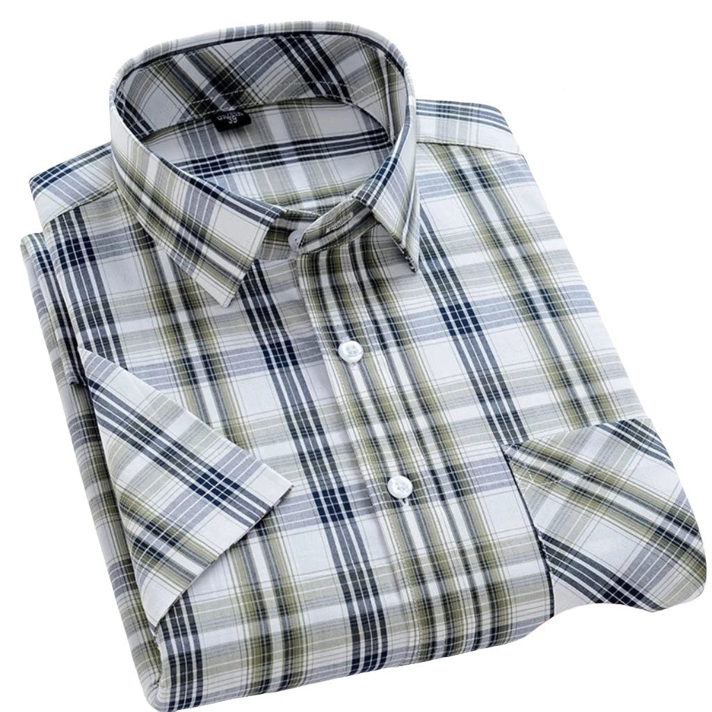 Men's Stylish Cotton Short-Sleeve Casual Button-Up Gingham Dress Shirt