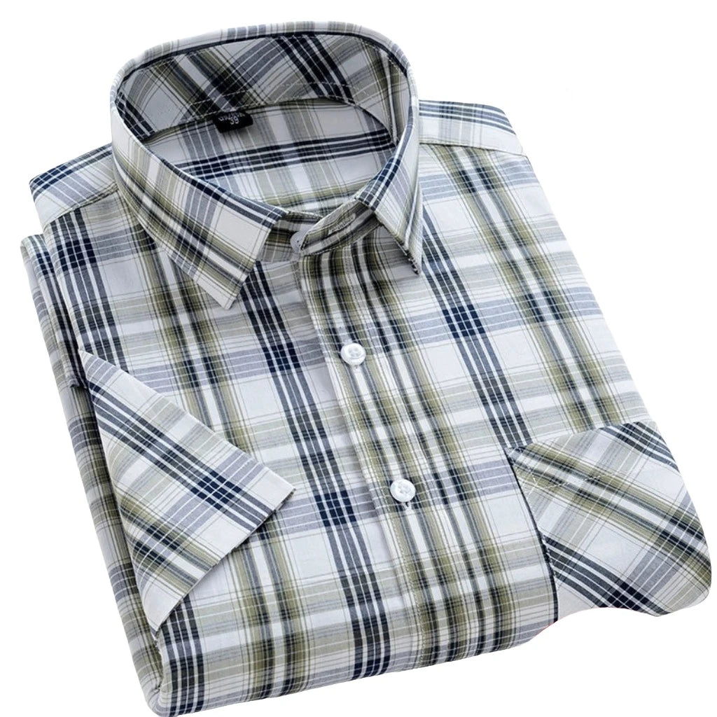 Men Button Up Short Sleeves Casual Cotton Plaid Gingham Dress Shirt
