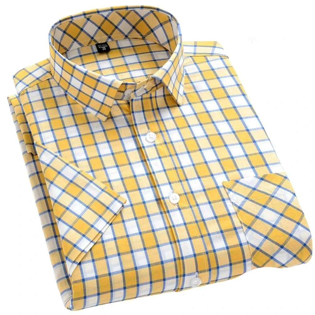 Men's Stylish Cotton Short-Sleeve Casual Button-Up Gingham Dress Shirt